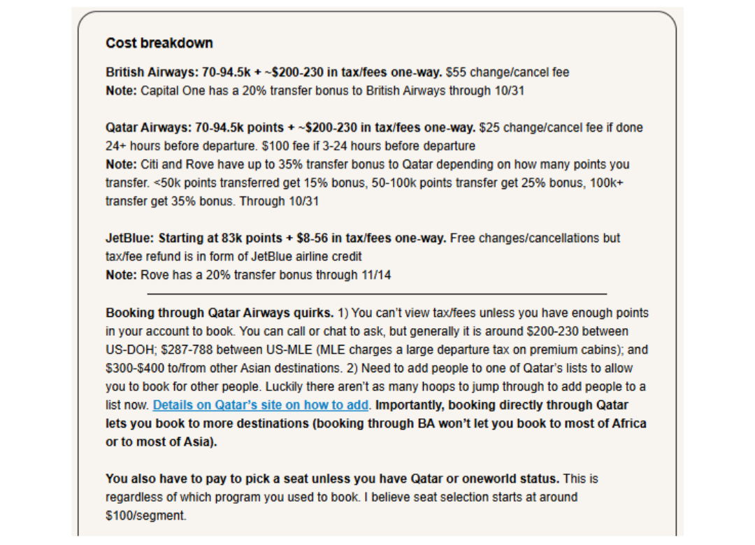 Cost breakdown comparing British Airways, Qatar Airways and JetBlue, with current transfer bonuses and booking quirks.