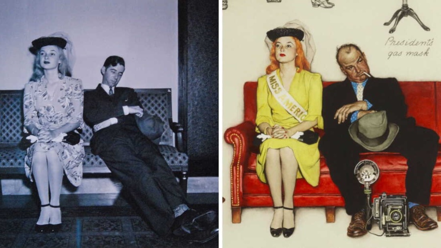 Photograph of a blonde woman in a floral dress and hat sitting beside a sleeping man, next to Rockwell's painting of the same pair on a red sofa