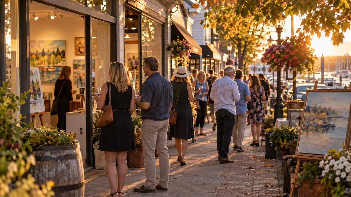 Photorealistic editorial illustration of the Ladner Art and Wine Stroll in historic Ladner Village, Delta BC