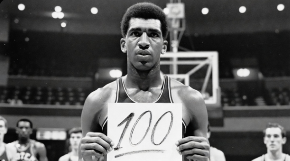 Wilt Chamberlain holding a handwritten 100 sign