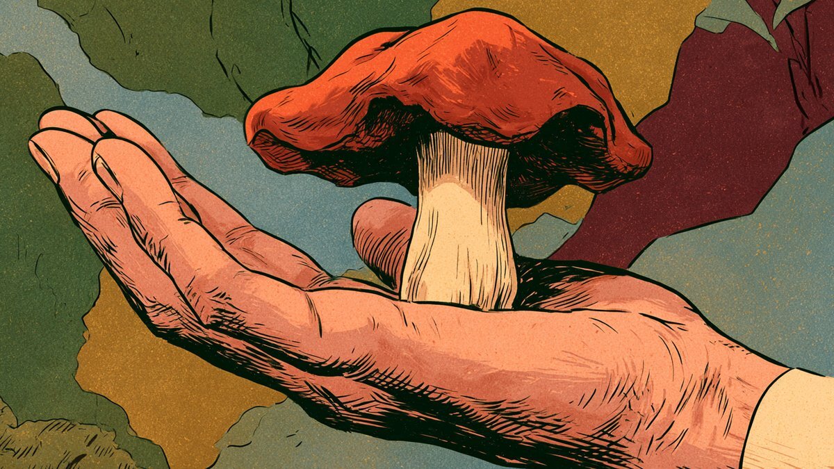 Illustration of a red-capped mushroom resting in an open hand