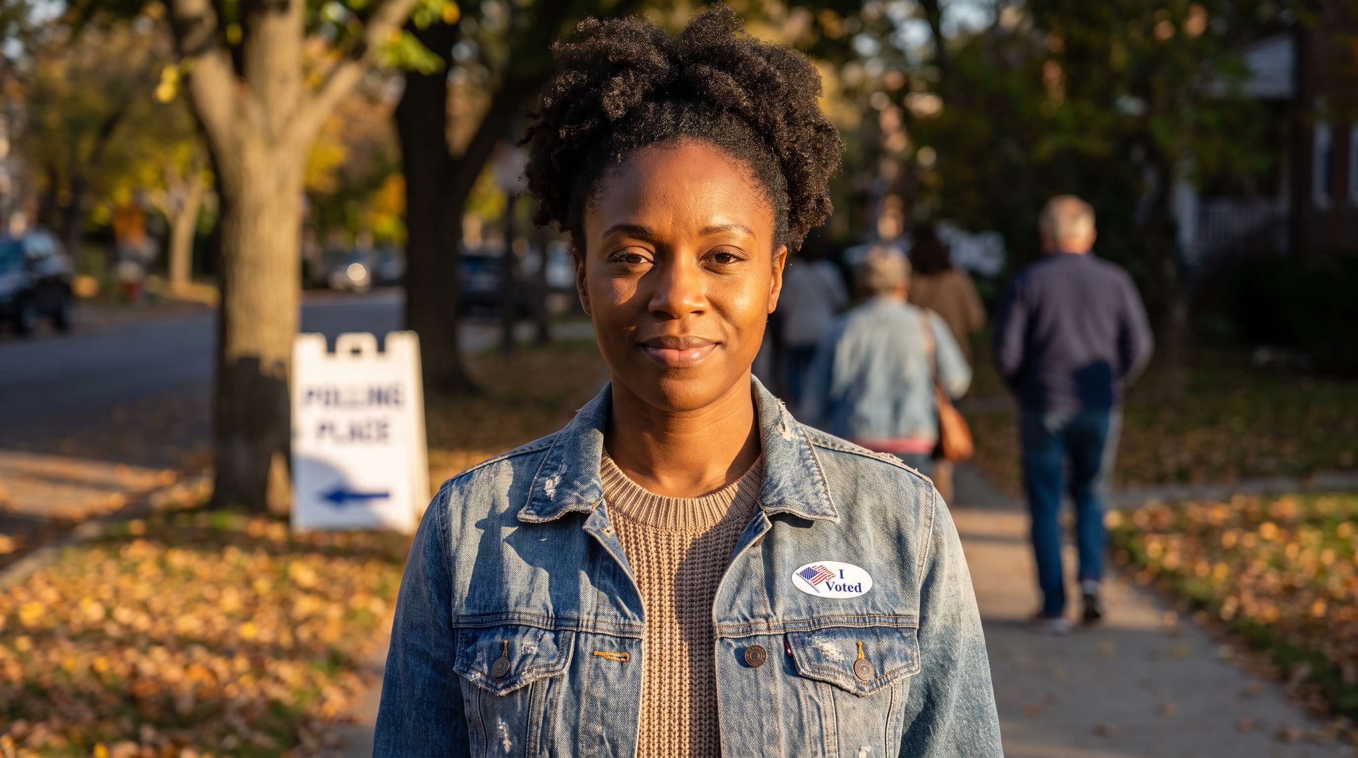 Black woman wearing an I Voted sticker in warm autumn light