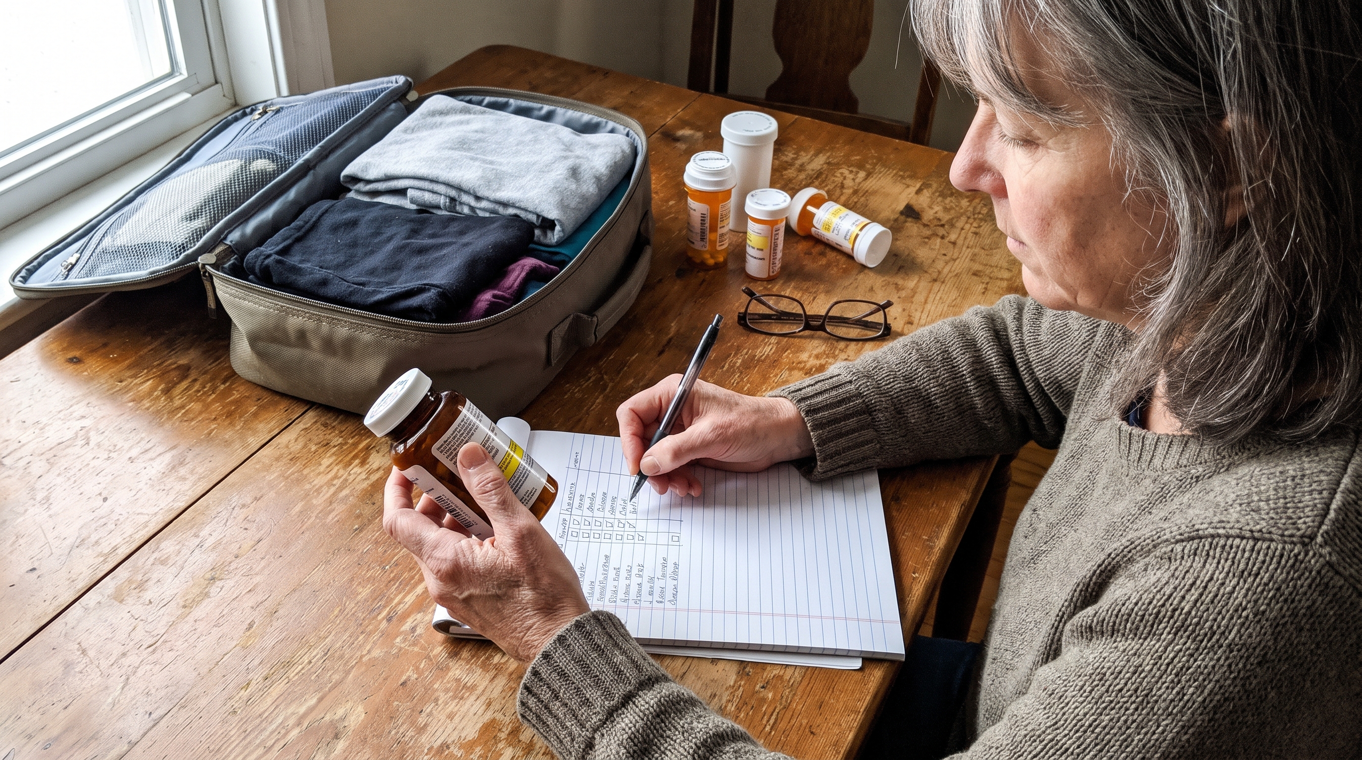 Illustrative household task: a 55 year old woman copying generic medicine bottle label information into a paper checklist beside a travel bag, labels no readable names or doses, no product endorsements.