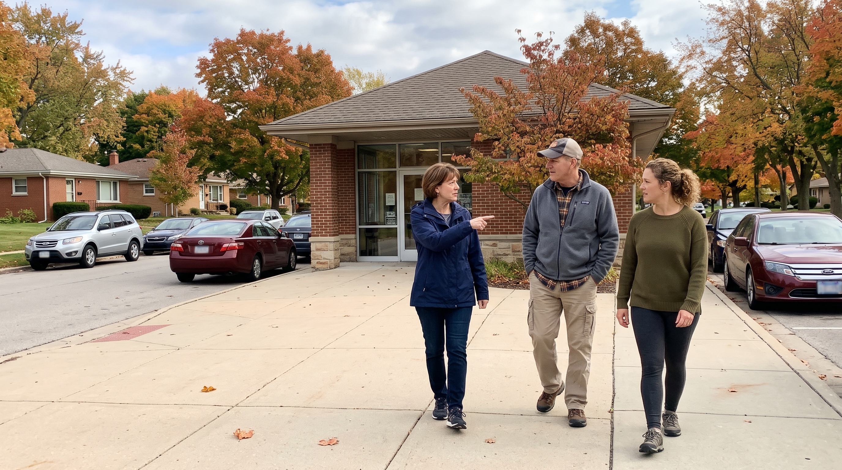 Illustrative family planning walk beside a neighborhood library in the United States.