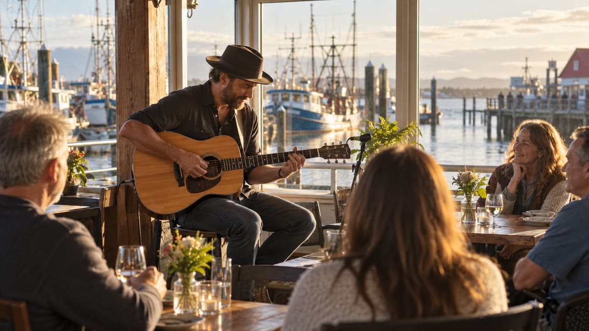 Illustration of relaxed acoustic live music at a Steveston waterfront restaurant, Richmond BC