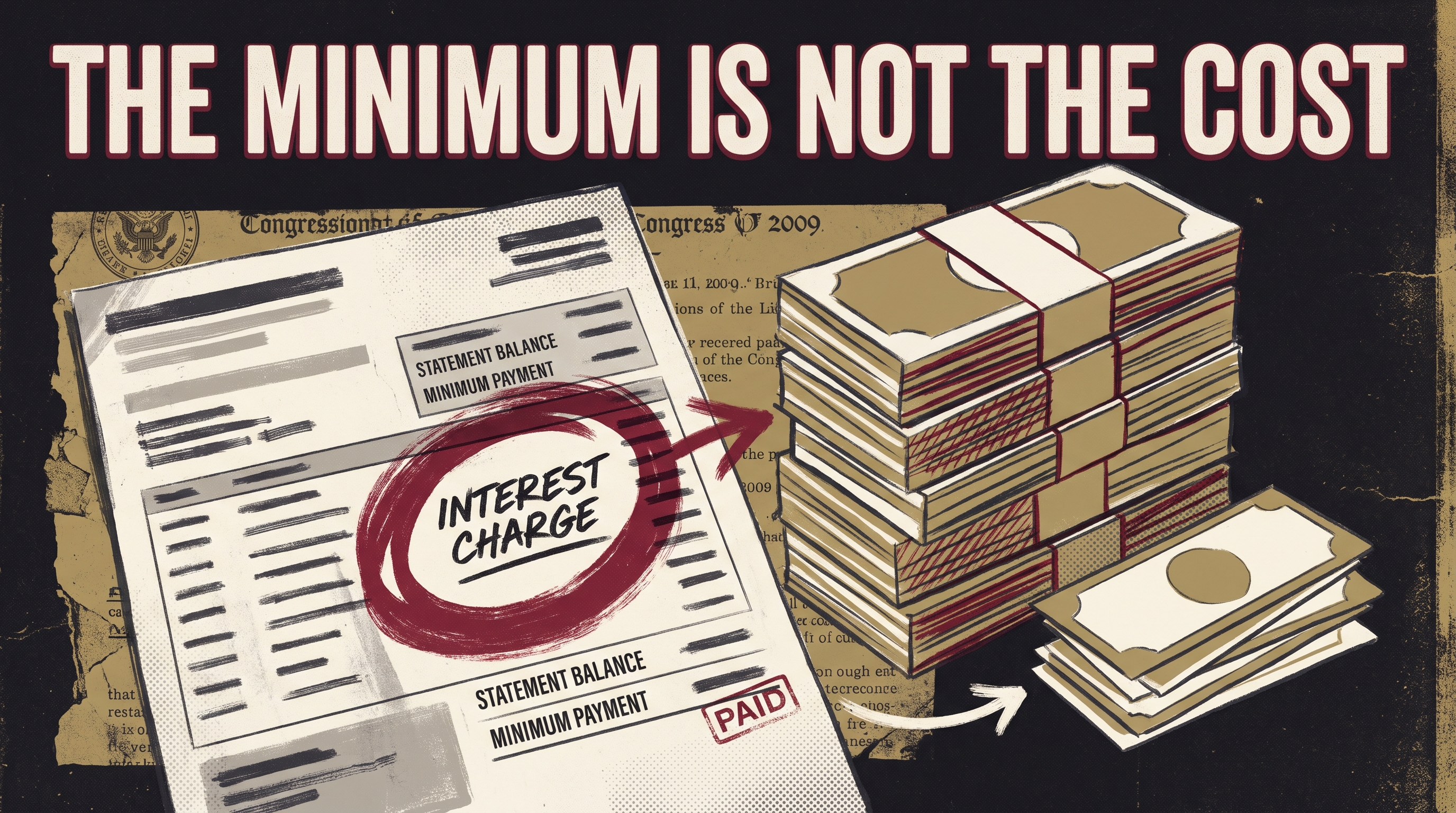 Illustrated poster comparing a minimum card payment with the full cost.