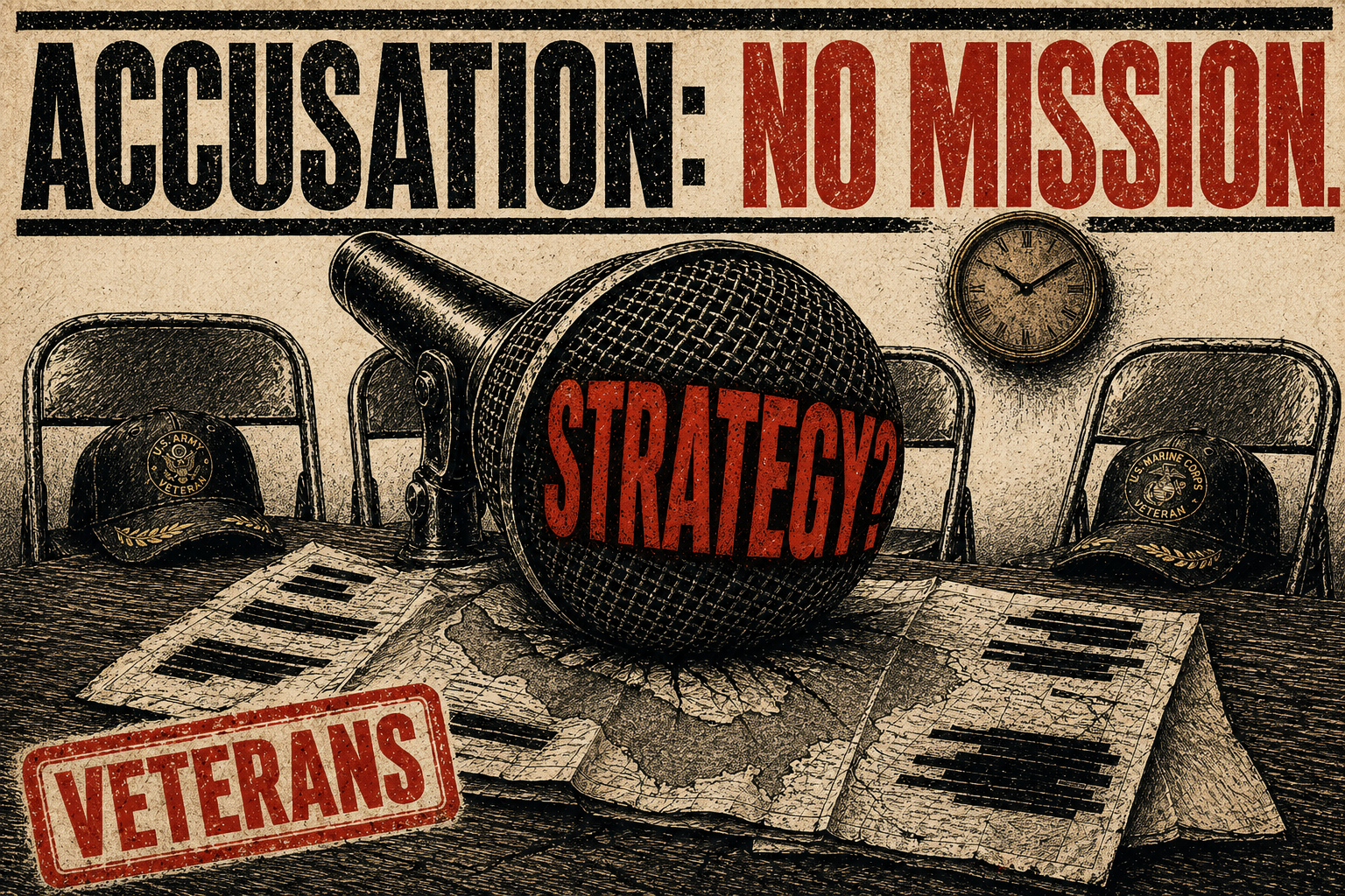 An empty town hall microphone faces folding chairs with veteran caps, a redacted Iran map, and a mission brief on the table.