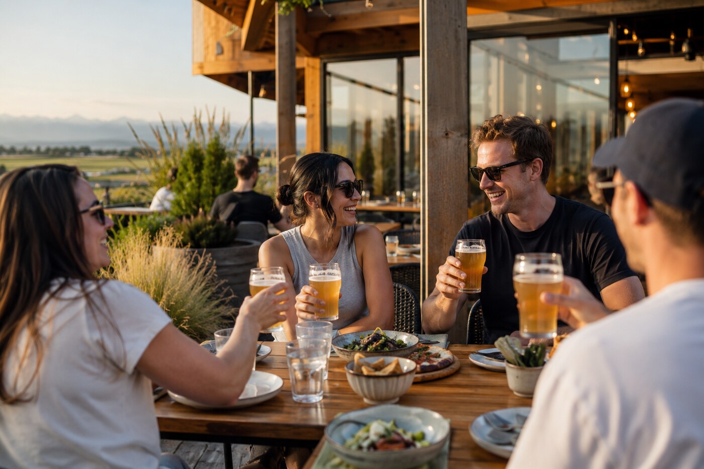Craft beer and casual food on a sunny outdoor table near coastal farmland