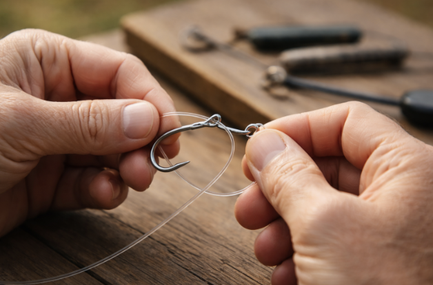 Hands tying a Palomar fishing knot on a hook