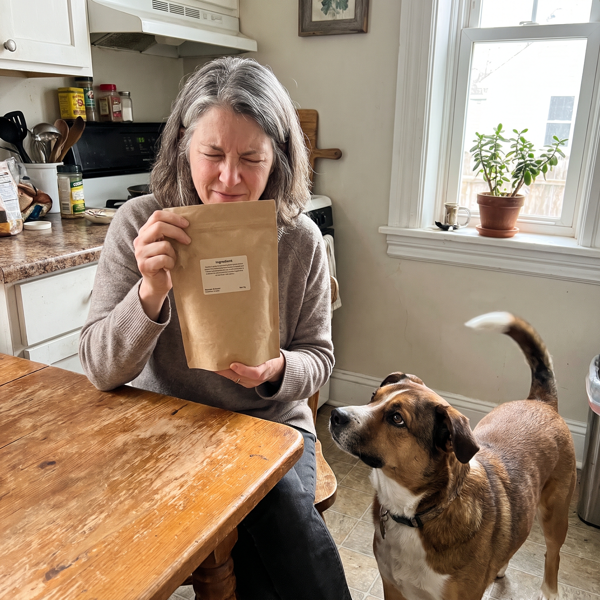 Illustrative scene: a woman about 55 reading a dog-food label beside her healthy adult dog