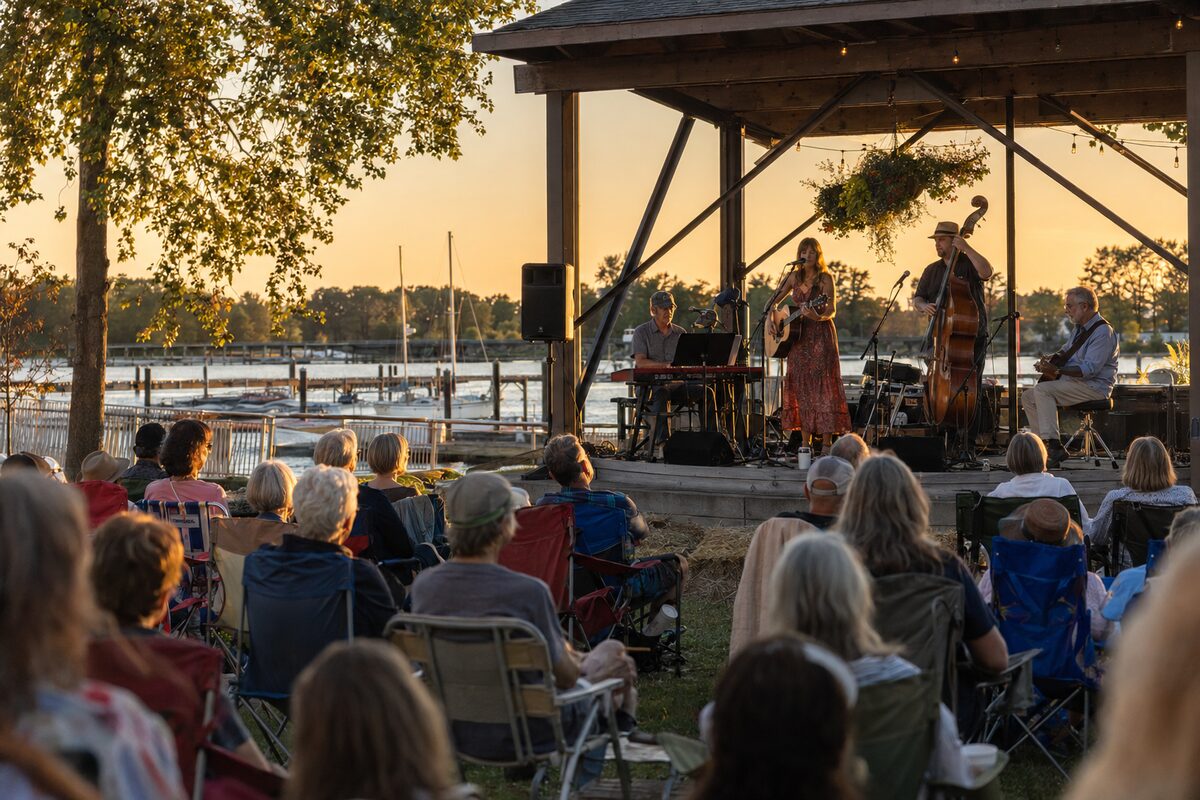 Local band performing beside the Ladner waterfront for an audience in lawn chairs at sunset