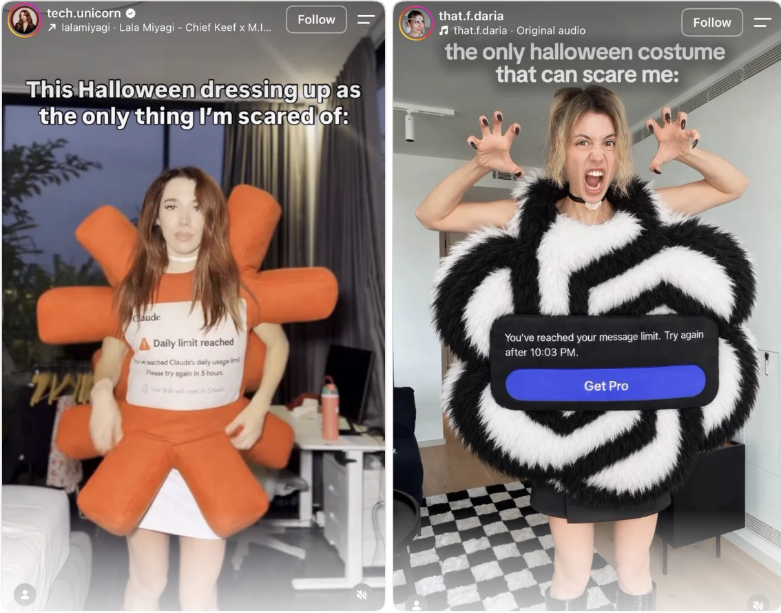 A person in a spiky orange costume with a limit reached message on the front, an AI-generated Halloween costume concept that went viral on Instagram