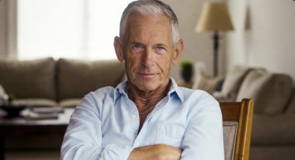 Older man sitting and standing from a sturdy chair with arms crossed