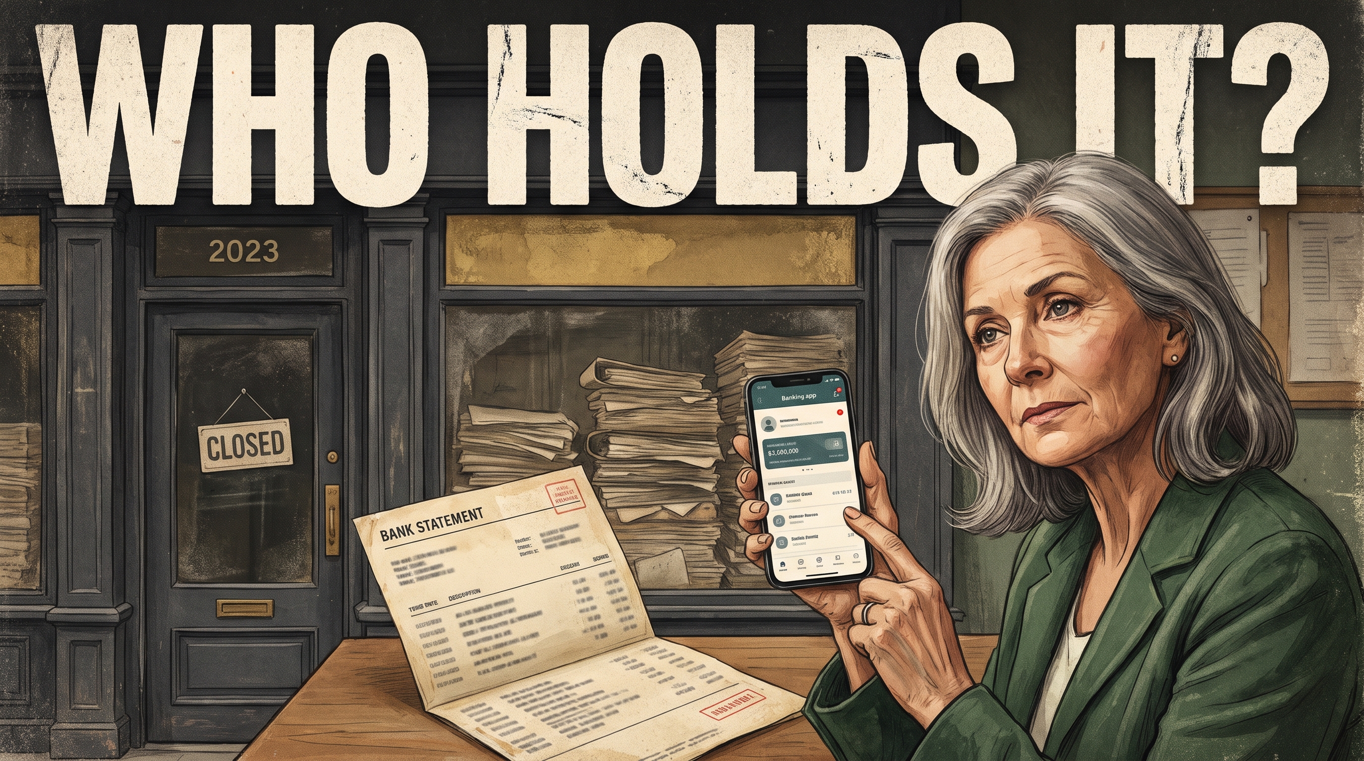 Illustrative documentary collage: WHO HOLDS IT?