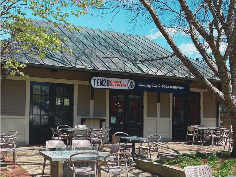 Brick patio with fire table outside the TEN20 Anchorage taproom