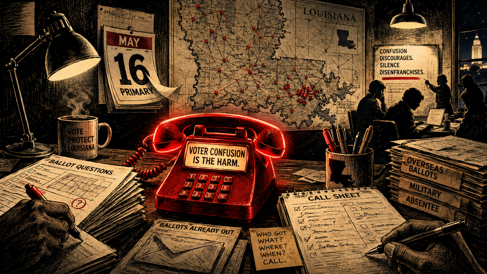 A glowing red voter-confusion hotline phone sits in a Louisiana campaign war room surrounded by call sheets, maps, and ballot notes.