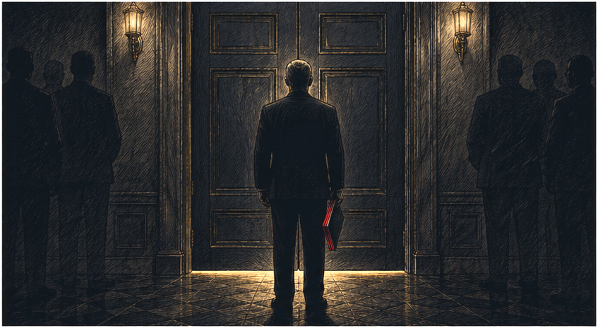 A Republican challenger silhouette waiting outside a closed committee-room door.