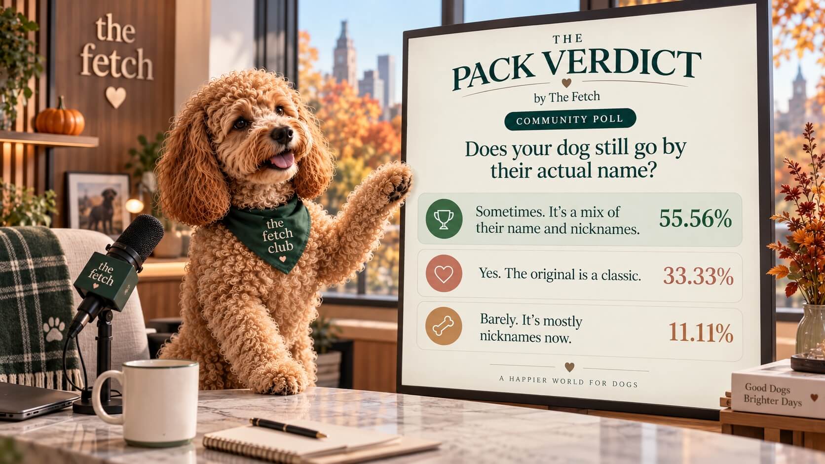 The Pack Verdict poll results: 55.56% use a mix of their dog's name and nicknames, 33.33% stick to the original name, and 11.11% mostly use nicknames.