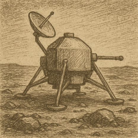 Sepia illustration of Viking 2 lander on Martian surface, 1976