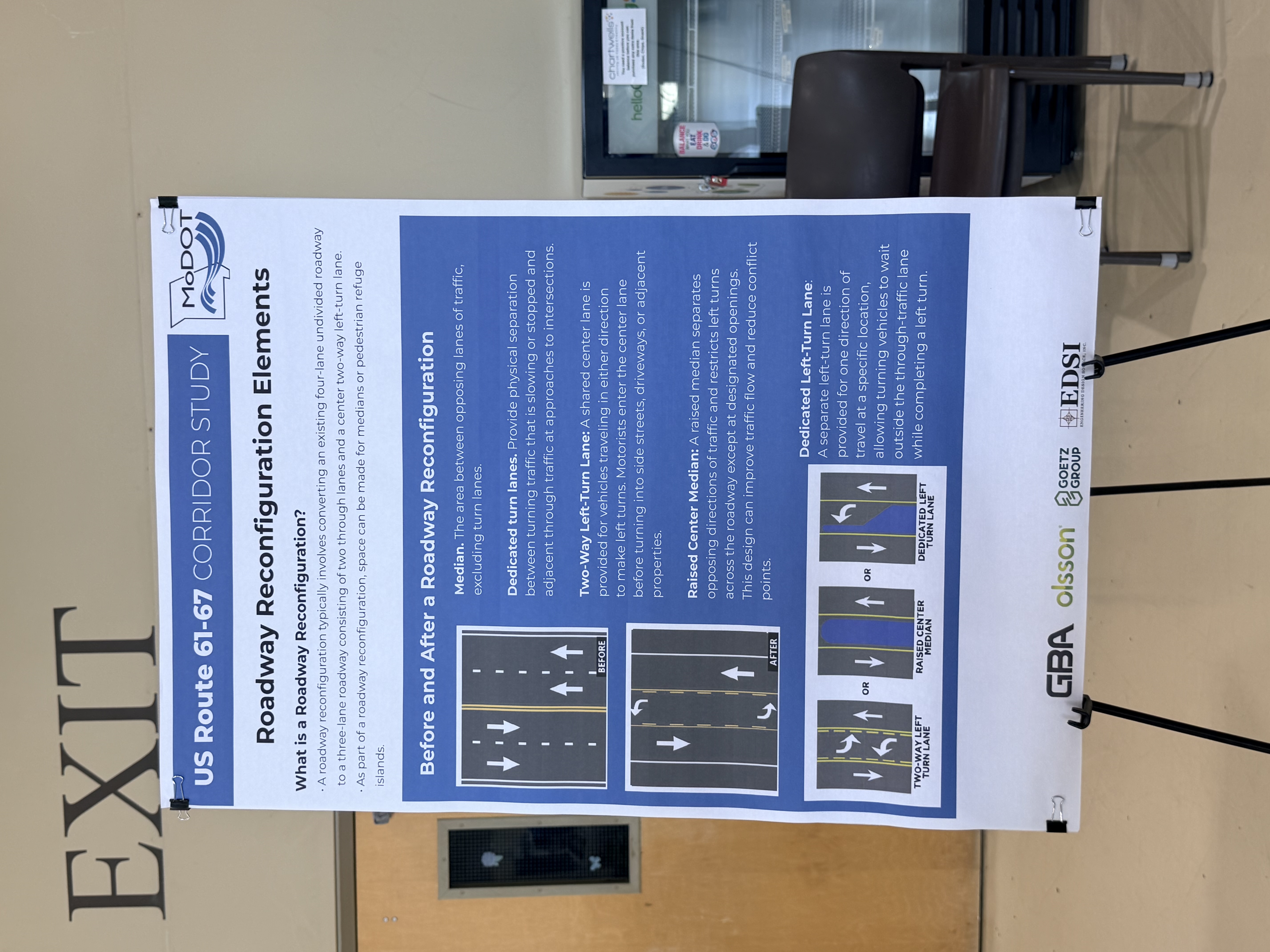 MoDOT roadway reconfiguration display showing turn lanes, raised medians, and other possible changes