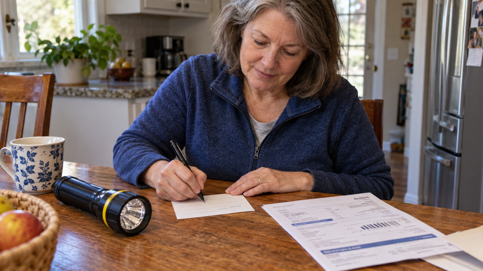 A woman in her50s writing a simple paper utility contact card beside a flashlight and current utility bill with unreadable private details. Warm ordinary kitchen table, no visible fake phone numbers.