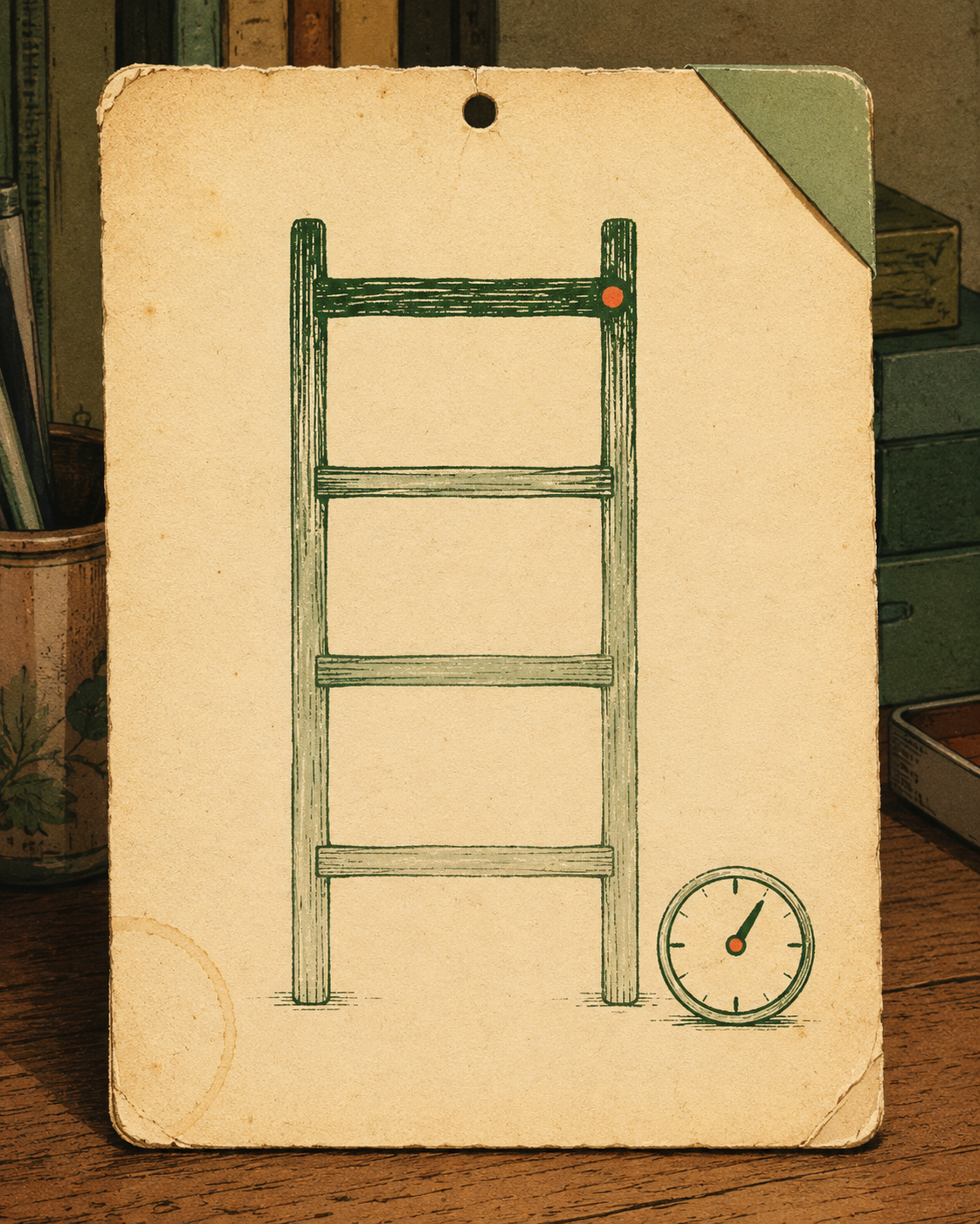 A vintage Showa-era hand-inked instruction card leaning on a warm wooden desk, showing a four-rung Effort Ladder drawn in matcha-green ink: the hardest task is brightest at the top rung and each rung descends to the easiest at the bottom, with a small hand-drawn clock face beside the bottom rung marking a 20-minute review cap. One apricot glow-dot sits on the top rung and a matching apricot mark on the clock. The study-session rule made into one screenshottable artifact.