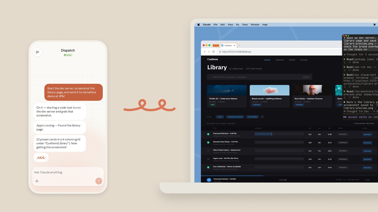 Claude Cowork running tasks across web and mobile devices