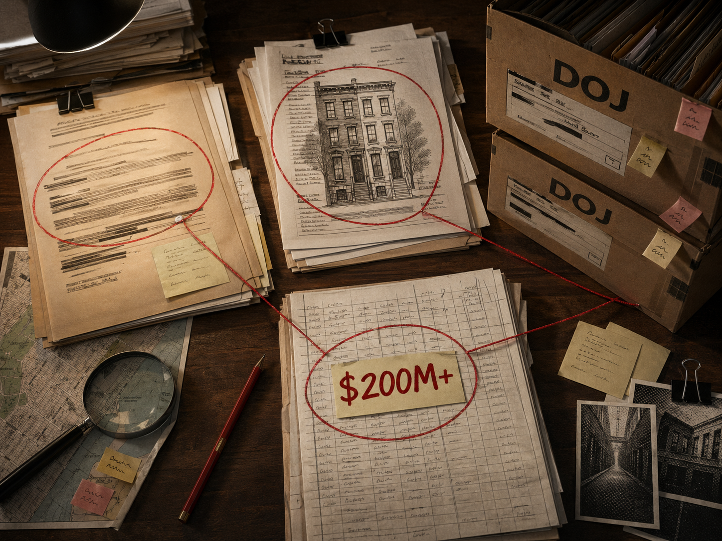 Editorial illustration of an evidence table with power-of-attorney papers, a townhouse deed, DOJ boxes, and a $200M allegation note.
