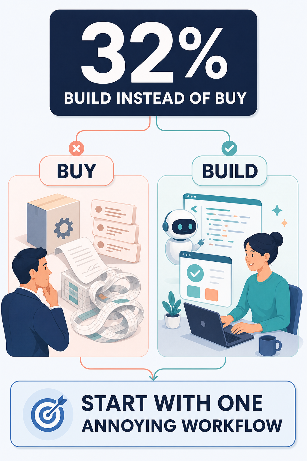 Build-versus-buy decision graphic showing that 32% of organizations build software with AI instead of buying it