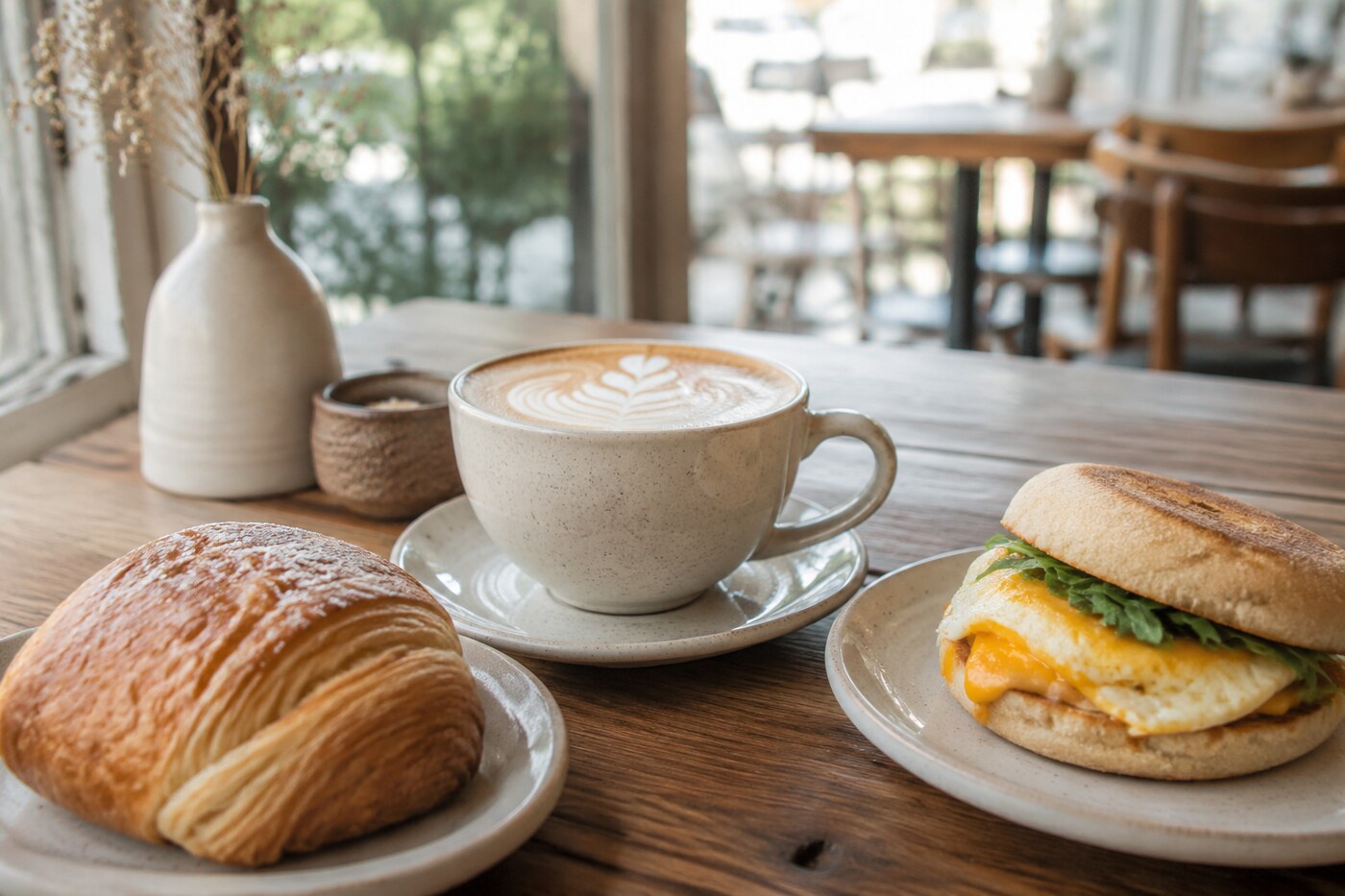 Latte and freshly baked pastry on a wooden café table near a window