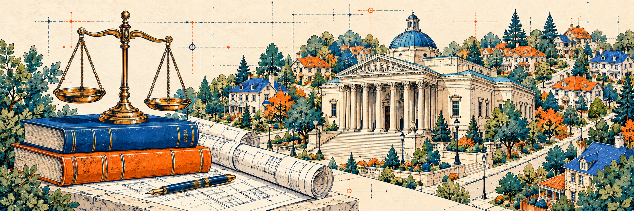Architectural ink illustration of a courthouse, law books, and a brass balance scale among neighborhood homes.