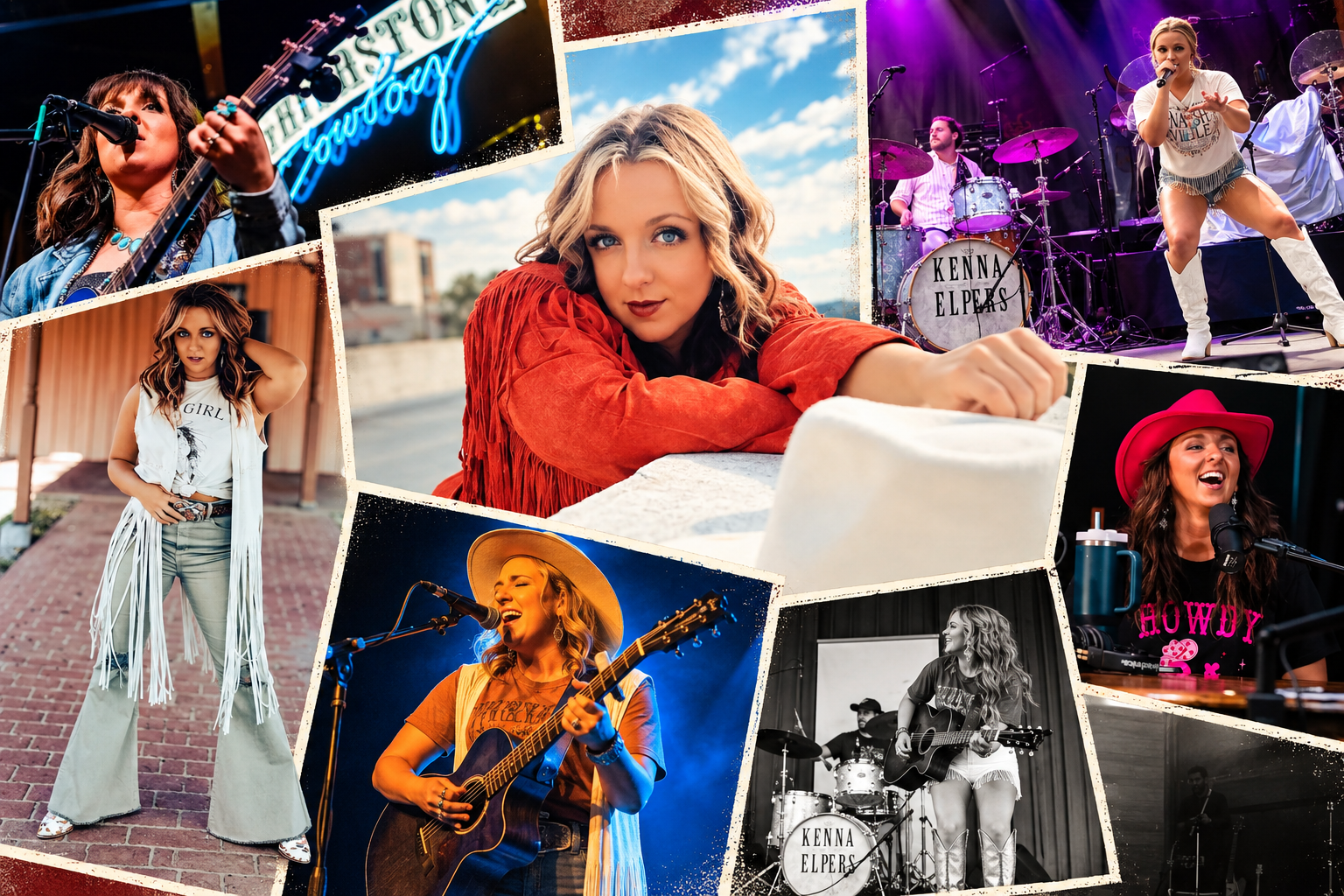 Collage of Kenna Elpers performing live on stage with her band and guitar