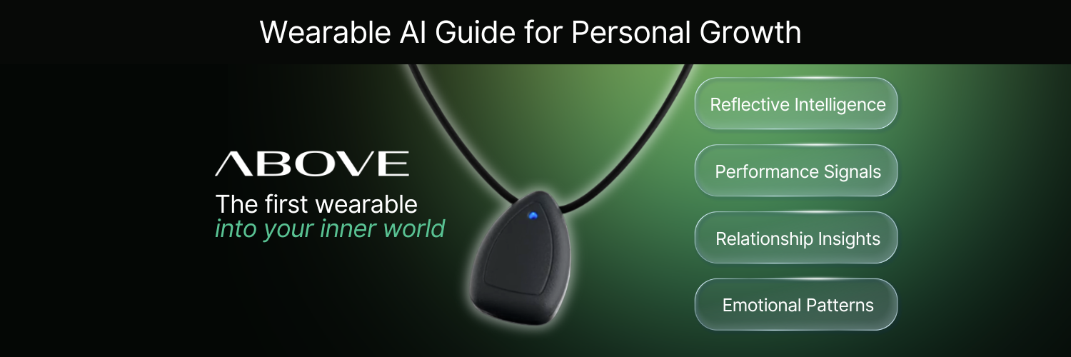 ABOVE Wearable AI Necklace — black pendant on cord with blue LED