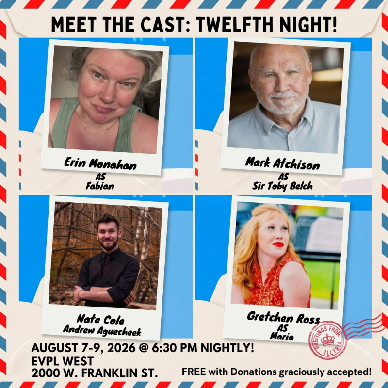 Erin Monahan as Fabian, Mark Atchison as Sir Toby Belch, Nate Cole as Andrew Aguecheek, Gretchen Ross as Maria