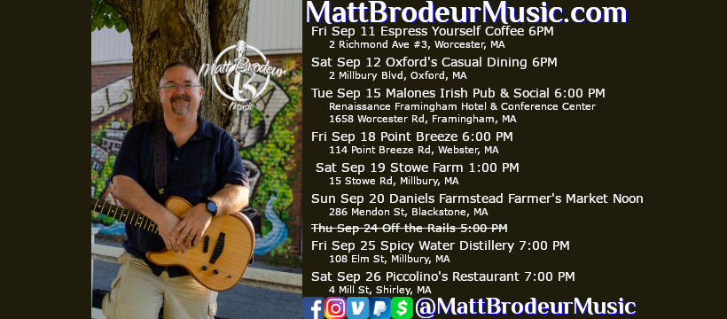 Matt Brodeur with his guitar alongside his September performance schedule