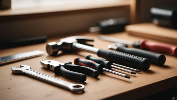 Hand tools resting indoors on a workbench during winter