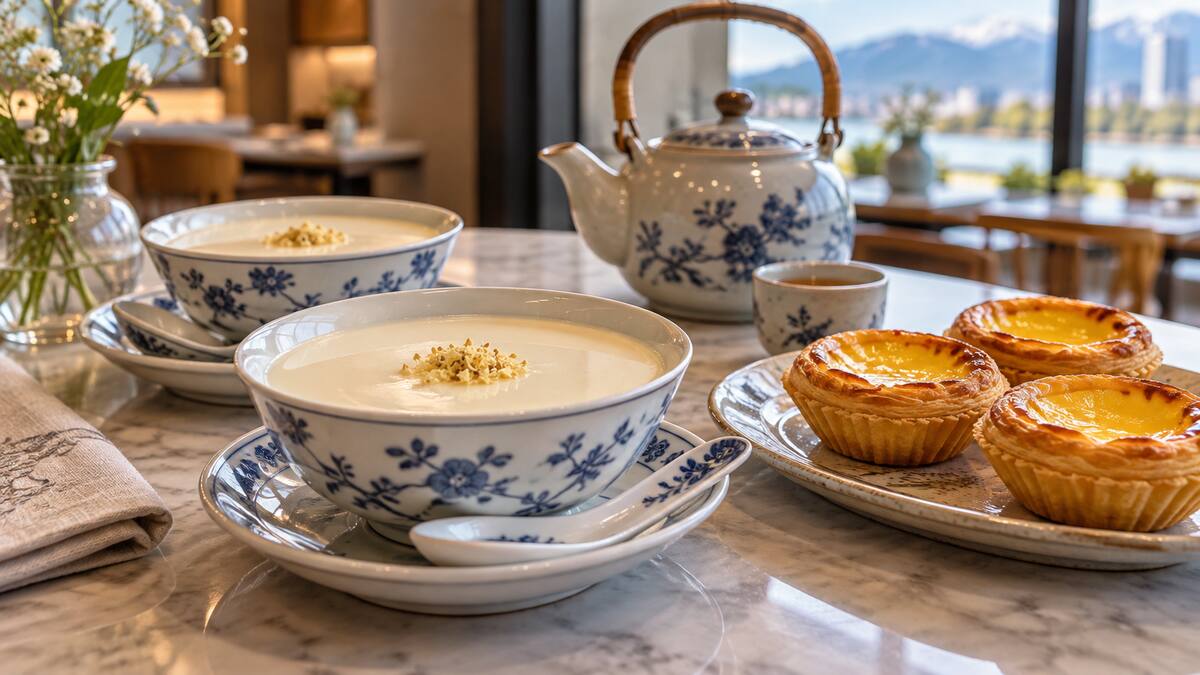 Cantonese double skin milk pudding and egg tarts in a Richmond dessert cafe