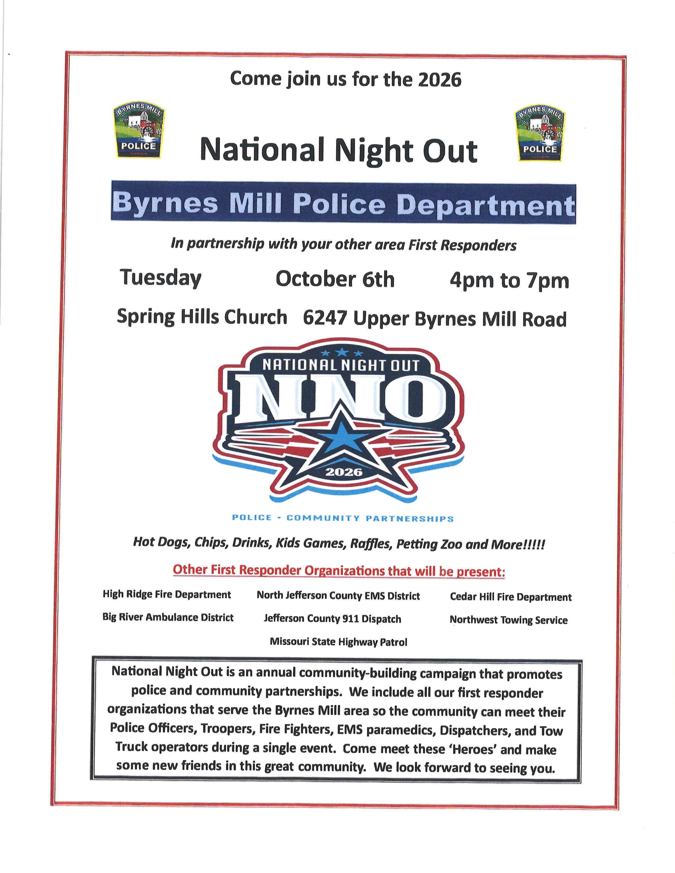Byrnes Mill Police Department 2026 National Night Out Flyer