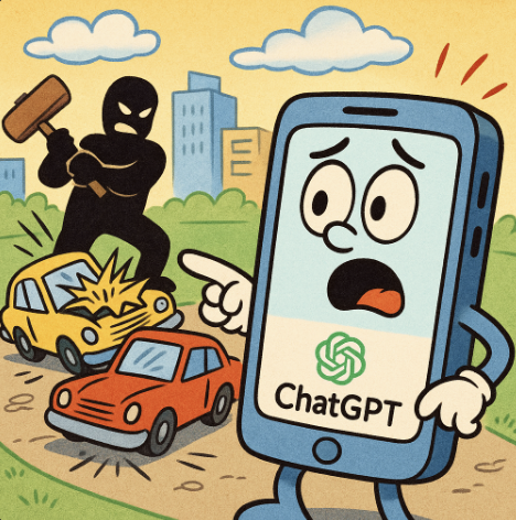 A humorous cartoon of a smartphone with a ChatGPT interface watching a shadowy figure.