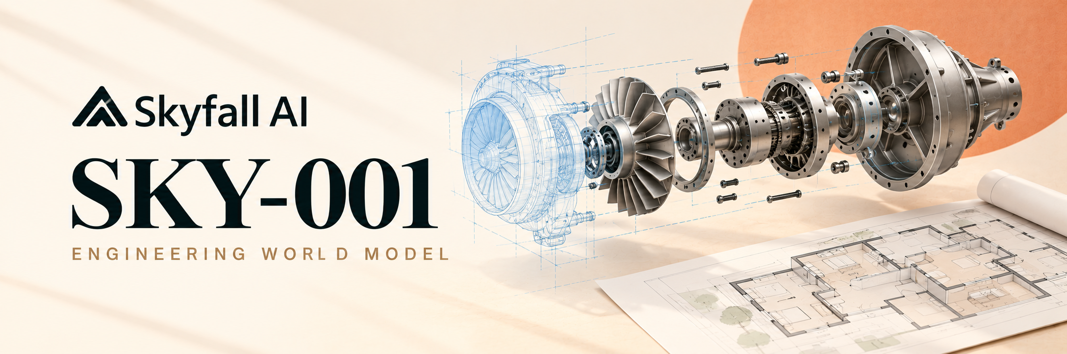 Skyfall AI engineering world model banner showing SKY-001 and AI-generated engineering design