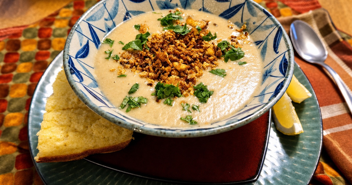 Vegan Cream of Mushroom Soup With Crispy Tofu Crumble