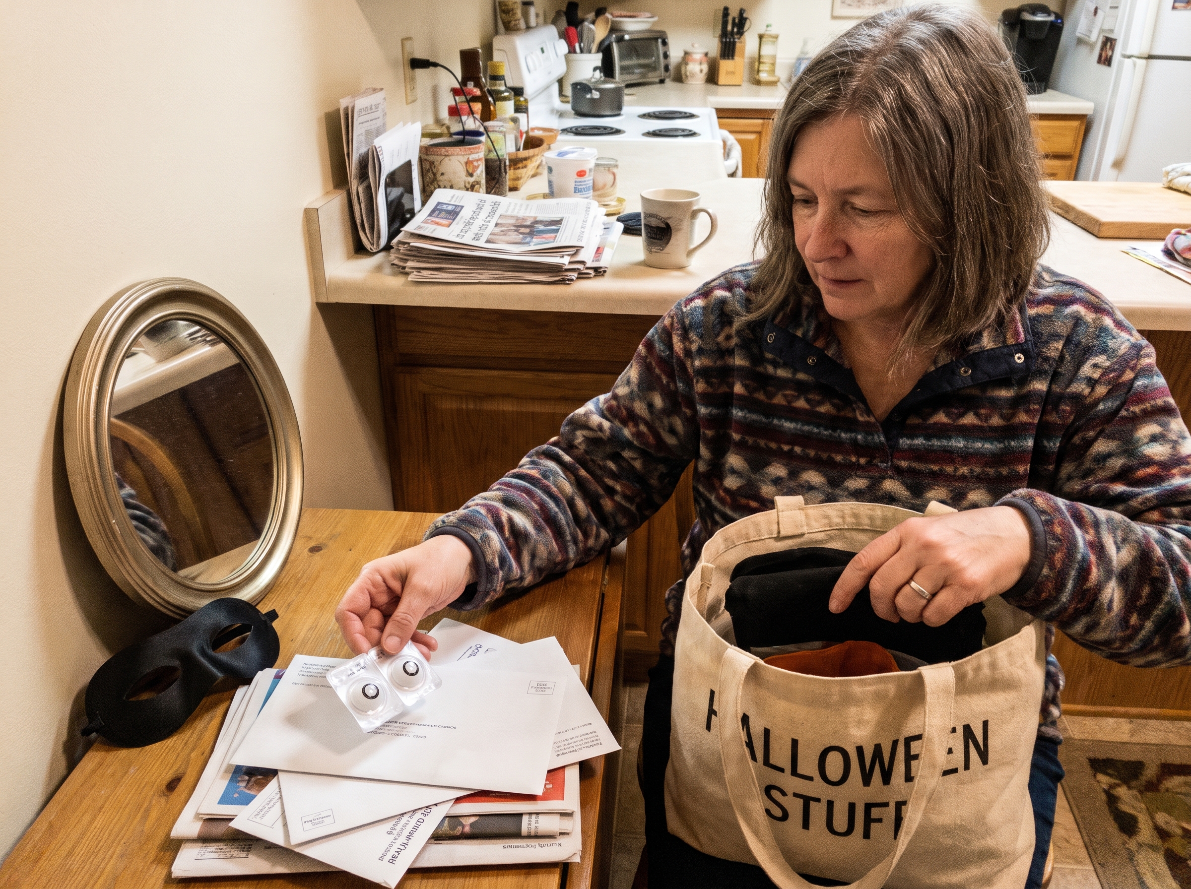 Illustrative household action: Woman about 55 removes an unopened novelty contact lens package from a Halloween costume tote and sets it aside, mirror and simple mask, no one inserting lenses, no fake medical packaging details.