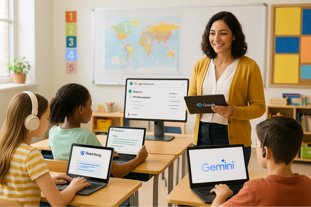Student using laptop with Gemini AI dashboard and PDF materials