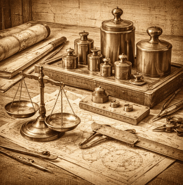 Brass metric weights and measuring instruments arranged on a wooden table (no text visible)