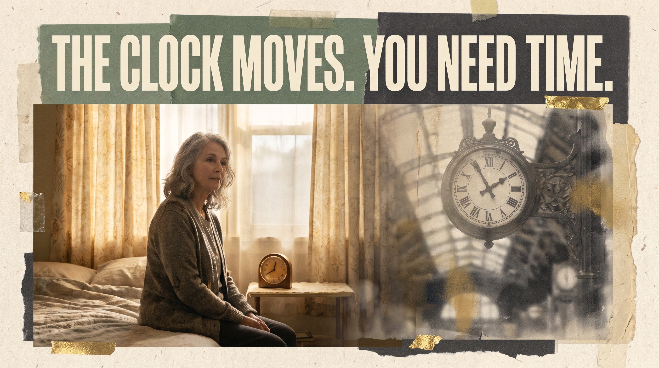 Illustrative documentary collage: Ordinary bedside clock and sunrise through curtains, woman about 55 sitting at bed edge calmly, archival steam railway station clock faded in background. Clock-change theme, no clinical alarm.