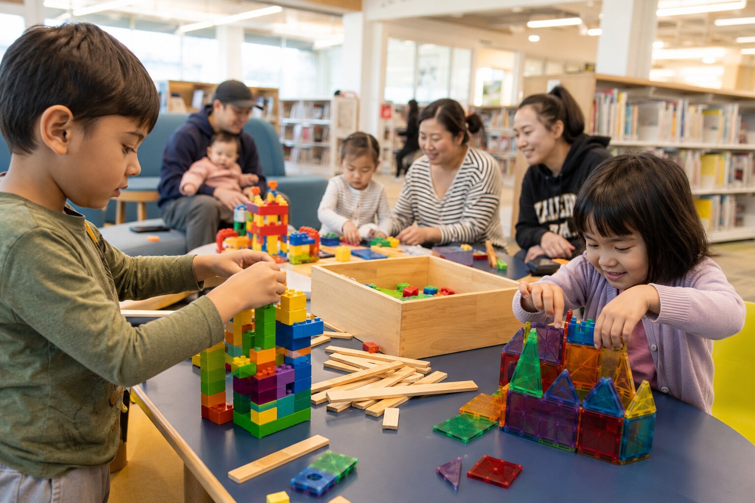 Children building creative structures with colourful bricks, magnetic tiles and wooden planks at a library