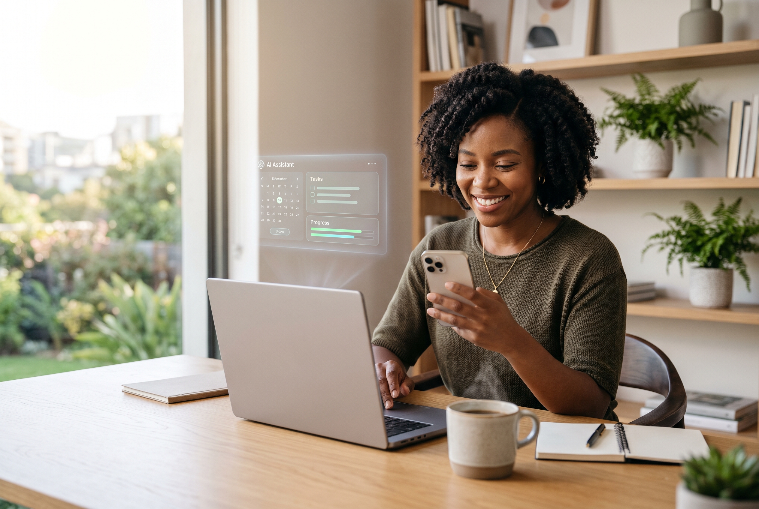 Black woman entrepreneur relaxed as her AI assistant handles her daily tasks