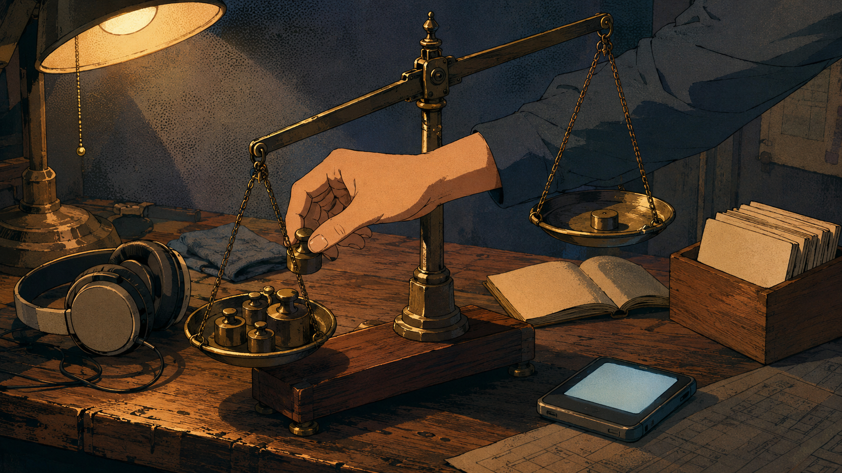 A vintage Showa-era anime still-life on a warm wooden workbench: an antique brass-and-wood balance scale stands honestly out of balance, the left pan low and heavy, the right pan high and light, while a single hand enters from the right and calmly places one more weight onto the low pan — deliberately weighting one side on purpose. Scattered around the scale like loose weights are a pair of headphones, an open book, a small card box, and a softly glowing device — the study tools competing for the reader's time. A single warm work lamp lights the scene from the upper left, cooling to dusty slate-blue in the shadows: mis-allocation being corrected on purpose, the study split anchored to the weakest skill.