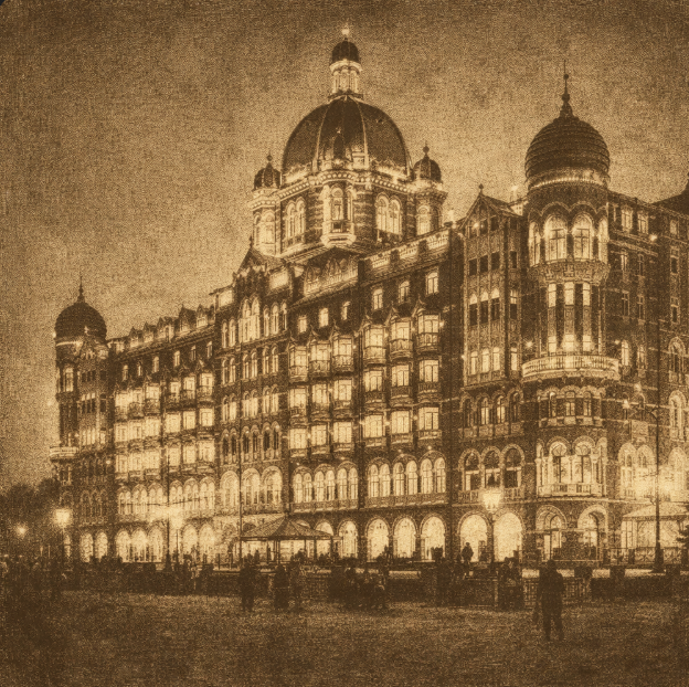 An early-1900s grand hotel façade with electric lights and architectural detailing