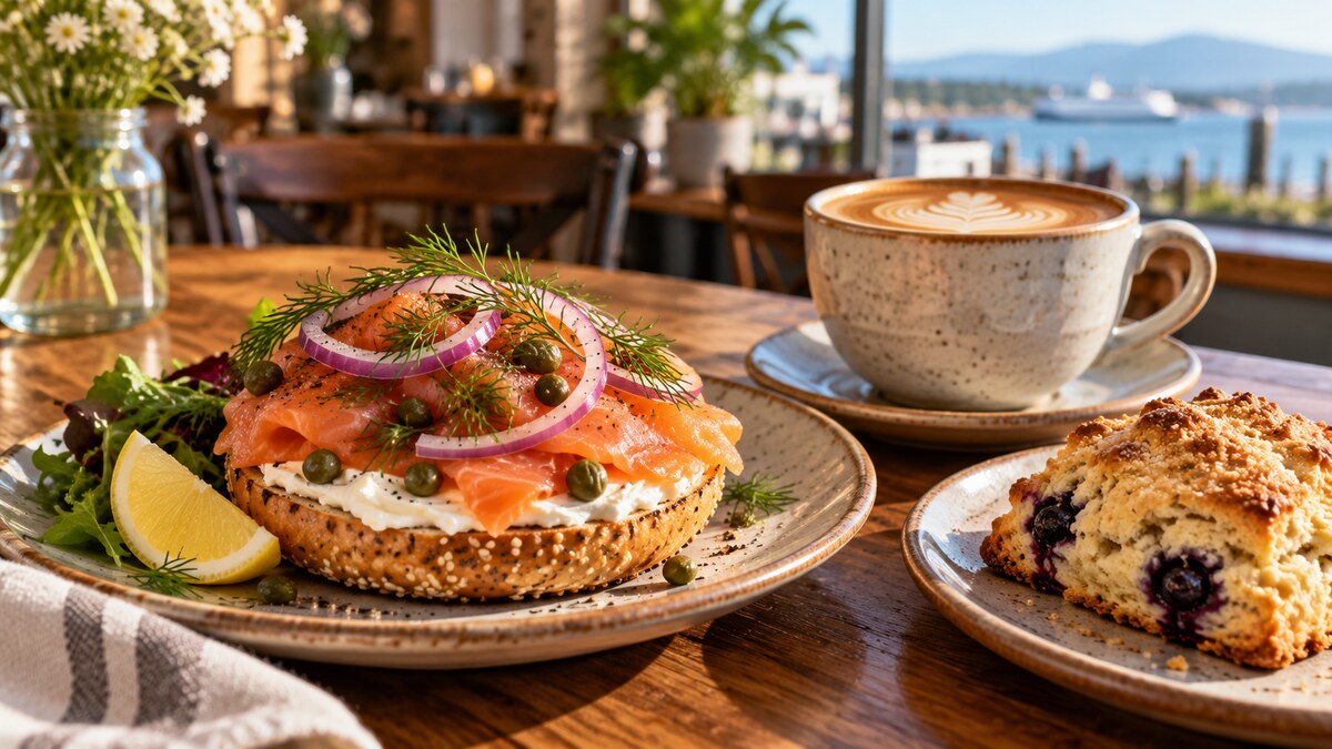 Smoked salmon bagel, fresh scone and coffee at Wood N Frog in Tsawwassen, Delta BC